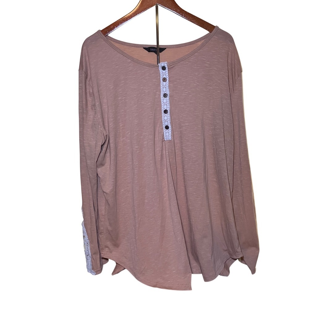 Amaryllis Henley Top Women's 3X Brown  Lace Detail Trim Slub Knit Long Sleeve